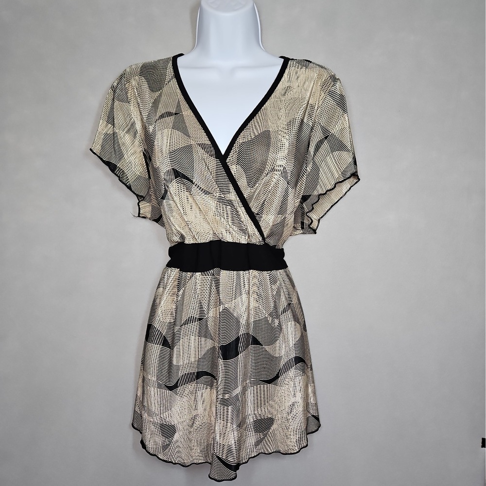 Avenue Womens Tan Black Surplice Waist Tie Short Sleeve Blouse Size XL